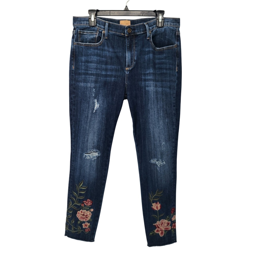 Driftwood Jackie Floral Embroidered Slim Leg Distressed Jeans W32 L28 Stretch